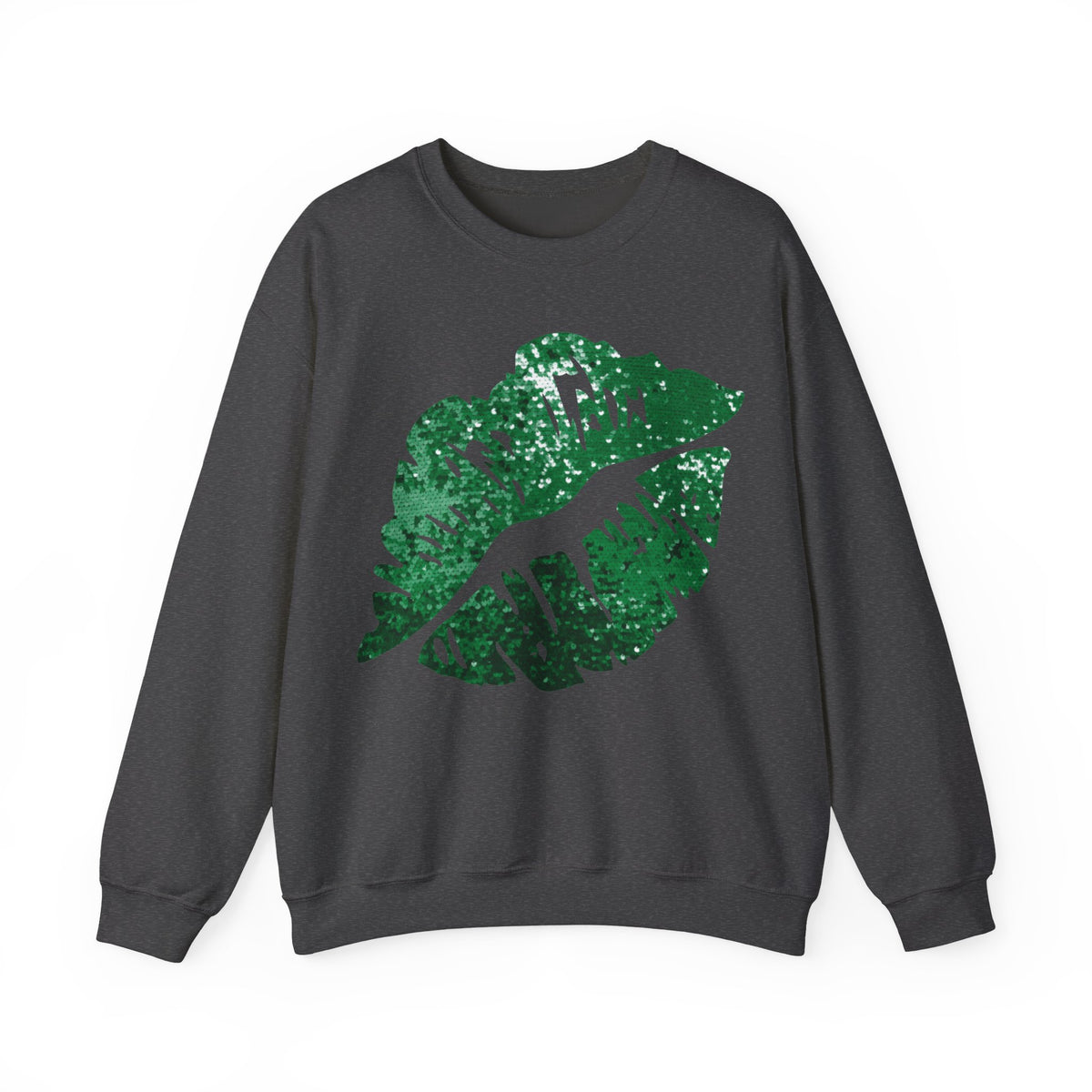 Green Faux Glitter Kiss – Gildan Heavy Blend | Trendy Women’s Soft Sweatshirt. Direct to Garment. Printed & Shipped in the USA. Unisex Sizes.