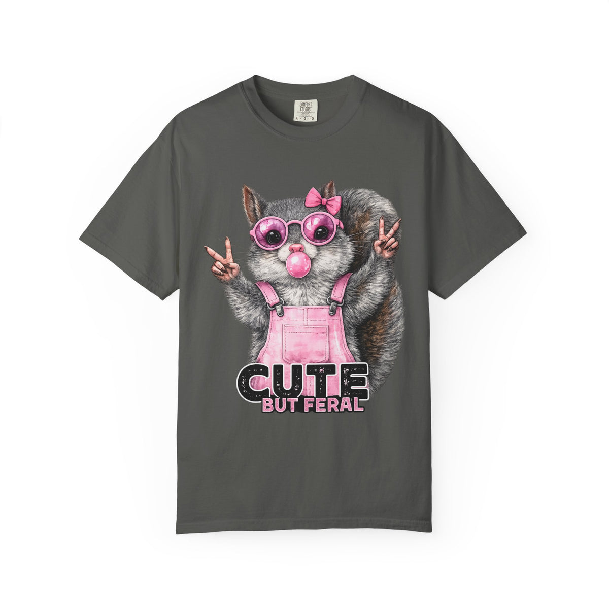 Cute But Feral, Squirrel in Pink Bibs - Comfort Colors | Trendy Women's T-Shirt. Direct to Garment. Printed & Shipped in the USA. Unisex Sizes.
