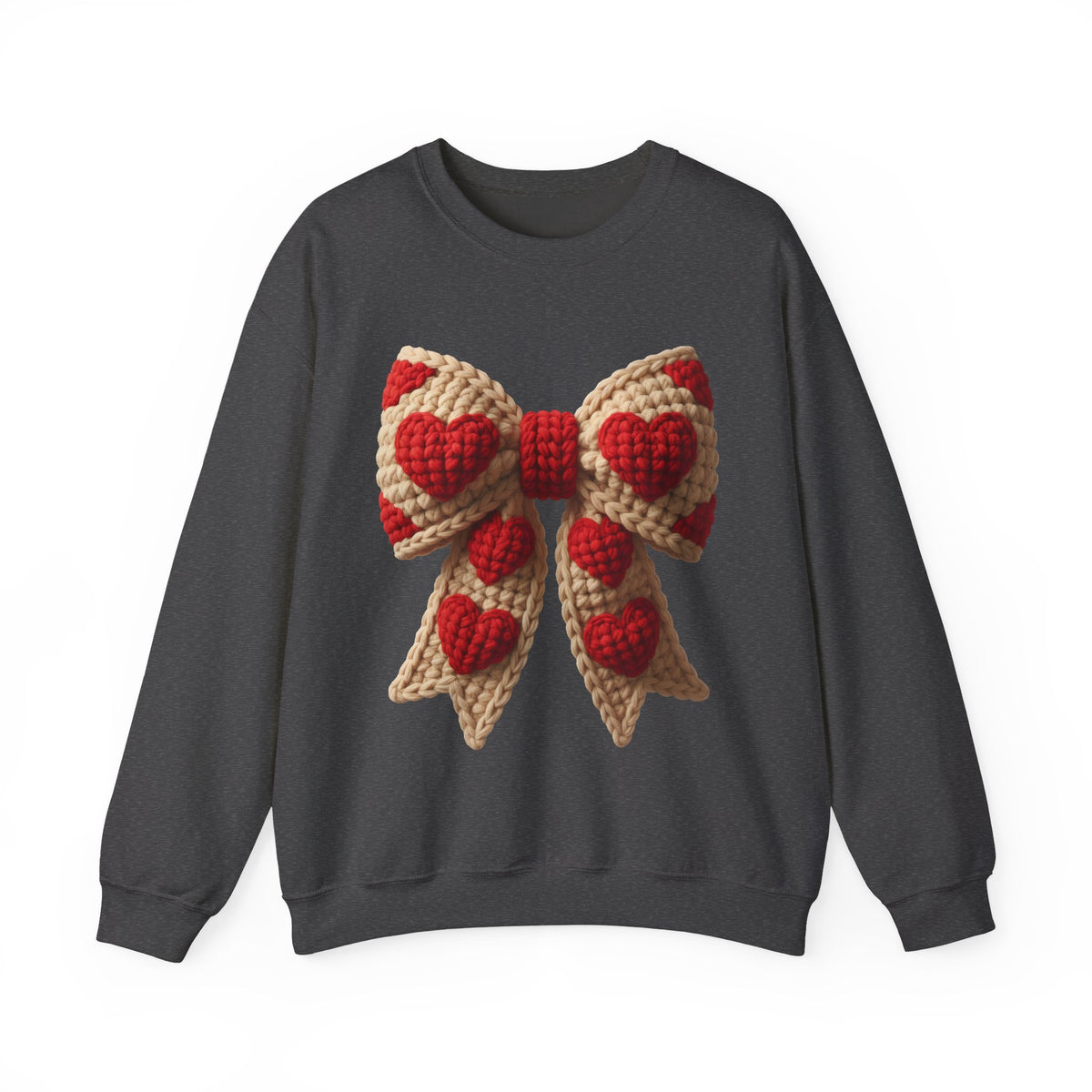 Faux Crochet Valentine Bow – Gildan Heavy Blend | Trendy Women’s Soft Sweatshirt. Direct to Garment. Printed & Shipped in the USA. Unisex Sizes.