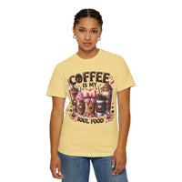 Coffee Is My Soul Food, Iced Coffee, Pink Bow - Comfort Colors | Trendy Women's T-Shirt. Direct to Garment. Printed & Shipped in the USA. Unisex Sizes.