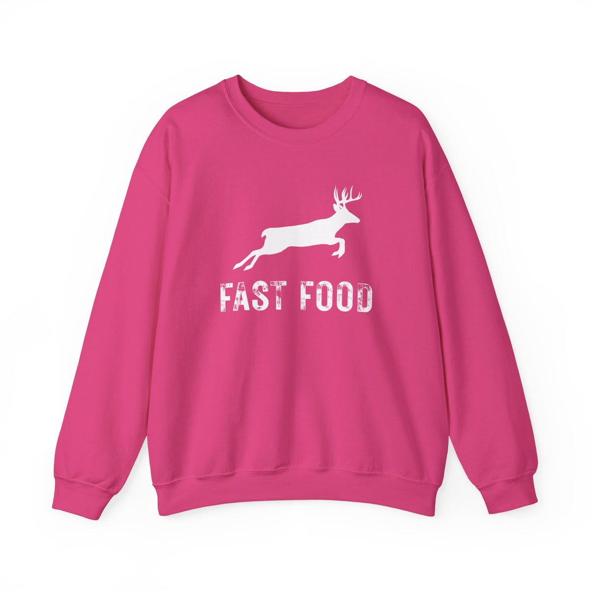 Fast Food Deer Hunting Humor Distressed – Gildan Heavy Blend | Trendy Men's and Women’s Soft Sweatshirt. Direct to Garment. Printed & Shipped in the USA. Unisex Sizes.