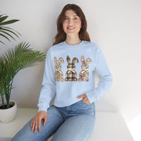 Easter Bunny Trio, Leopard, Plaid & Floral - Faux Pearl Outline – Gildan Heavy Blend | Trendy Women’s Soft Sweatshirt. Direct to Garment. Printed & Shipped in the USA. Unisex Sizes.