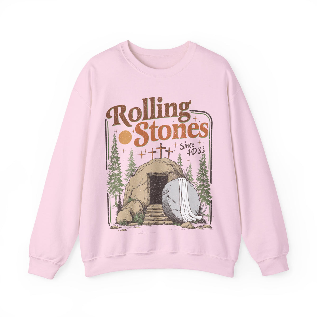 Rolling Stones "Since AD33" Easter Empty Tomb Christian – Gildan Heavy Blend | Trendy Men's and Women’s Soft Sweatshirt. Direct to Garment. Printed & Shipped in the USA. Unisex Sizes.