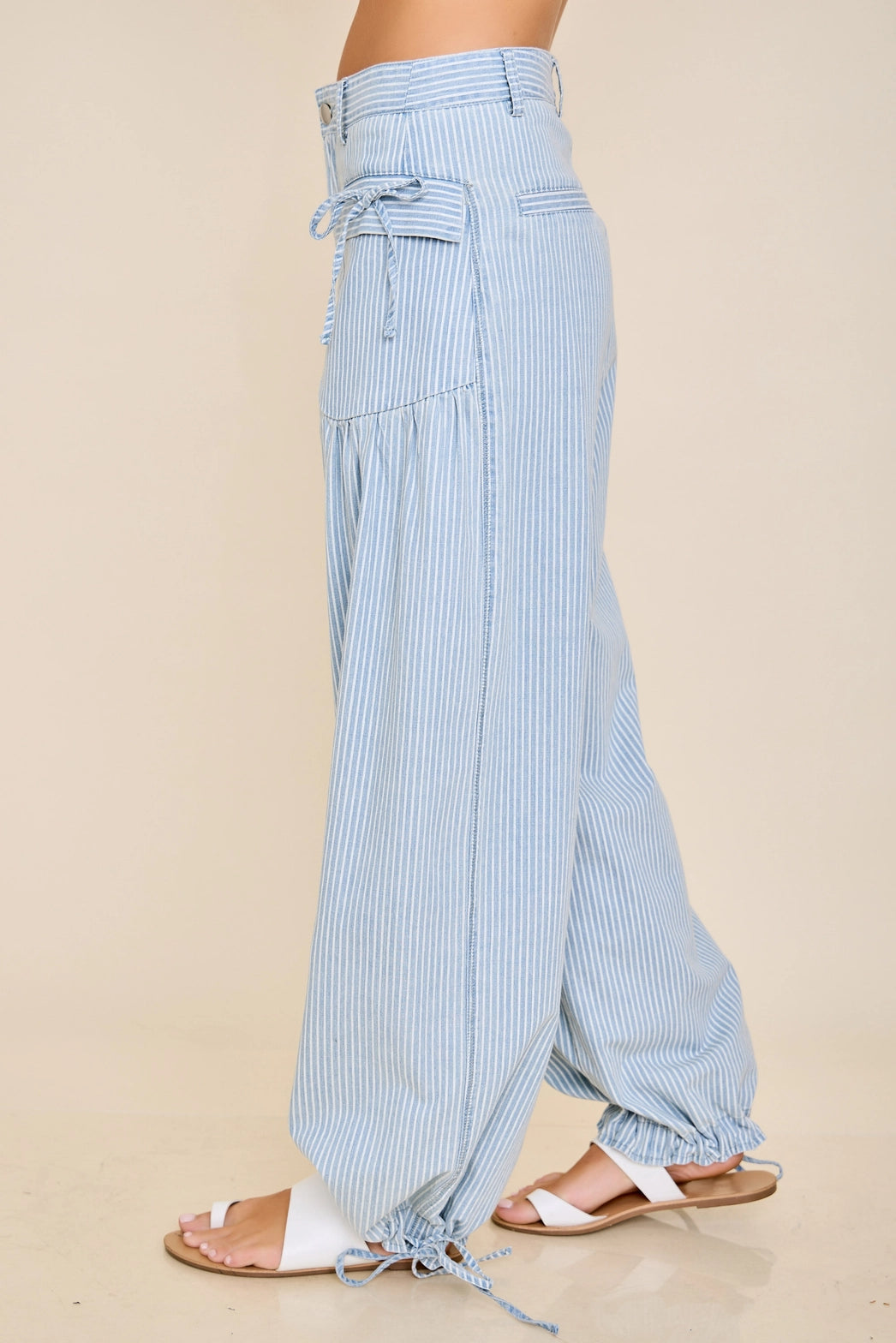 Striped Soft-Denim Balloon Pants with Front Patch Pockets & Faux Back Pockets