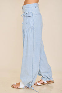 Striped Soft-Denim Balloon Pants with Front Patch Pockets & Faux Back Pockets