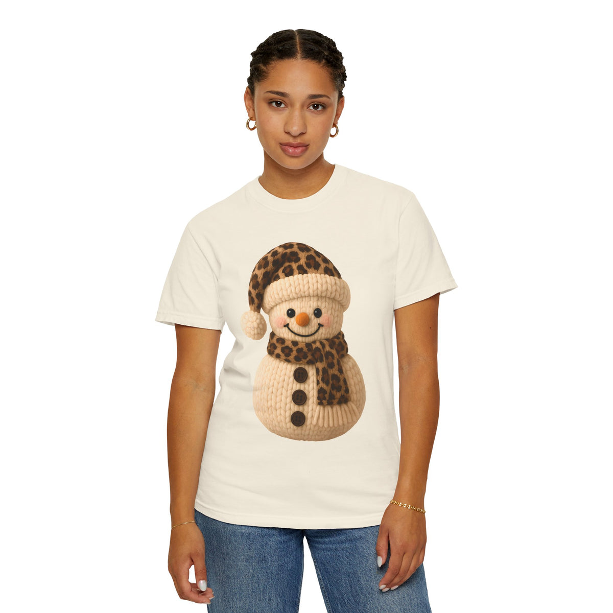 Cute Leopard Faux Knit Snowman Winter - Comfort Colors | Trendy Women's T-Shirt. Direct to Garment. Printed & Shipped in the USA. Unisex Sizes.
