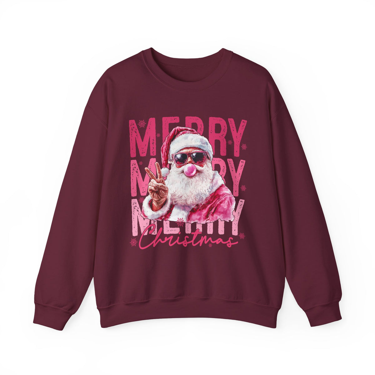 Pink Merry Christmas Bubblegum Santa – Gildan Heavy Blend | Trendy Women’s Soft Sweatshirt. Direct to Garment. Printed & Shipped in the USA. Unisex Sizes.