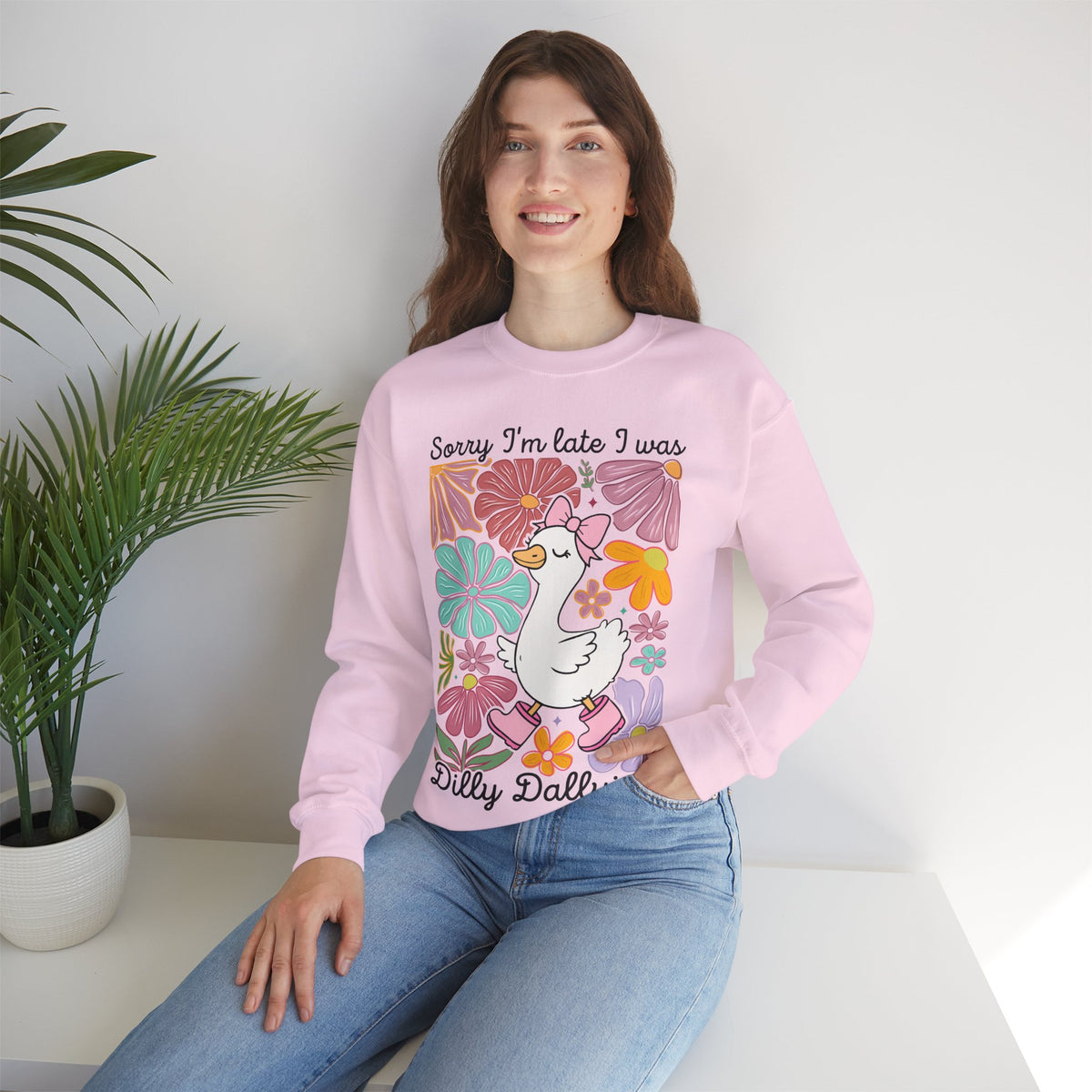 Sorry I'm Late I Was Dilly Dallying Cute Floral Duck – Gildan Heavy Blend | Trendy Women’s Soft Sweatshirt. Direct to Garment. Printed & Shipped in the USA. Unisex Sizes.