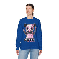 Cute But Feral, Possum in Pink Bibs – Gildan Heavy Blend | Trendy Women’s Soft Sweatshirt. Direct to Garment. Printed & Shipped in the USA. Unisex Sizes.