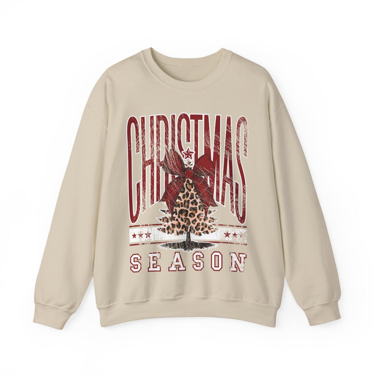 Christmas Season Leopard Tree Distressed – Gildan Heavy Blend | Trendy Women’s Soft Sweatshirt. Direct to Garment. Printed & Shipped in the USA. Unisex Sizes.