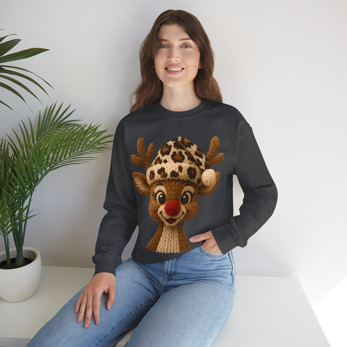 Rudolph Reindeer Leopard Santa Hat Christmas – Gildan Heavy Blend | Trendy Women’s Soft Sweatshirt. Direct to Garment. Printed & Shipped in the USA. Unisex Sizes.