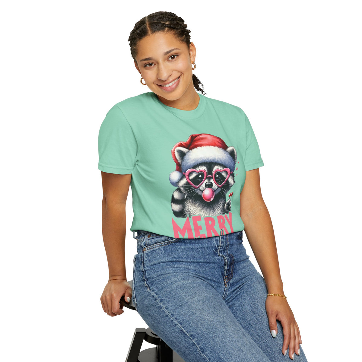 Merry Trashmas Bubblegum Raccoon w/Santa Hat Christmas - Comfort Colors | Trendy Women's T-Shirt. Direct to Garment. Printed & Shipped in the USA. Unisex Sizes.