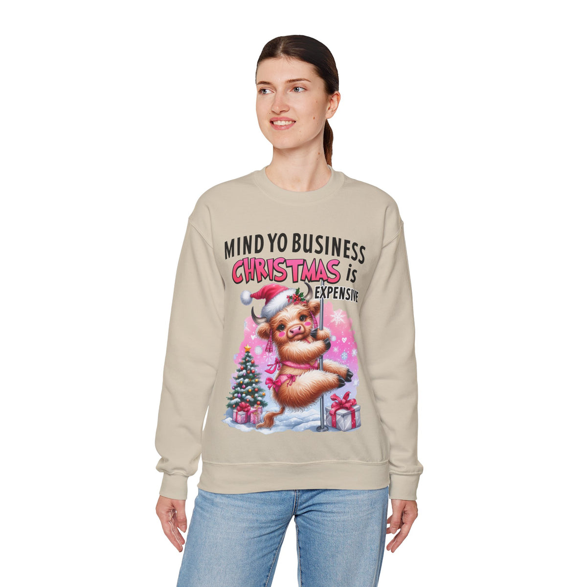 Highland Cow Mind Yo Business Christmas is Expensive – Gildan Heavy Blend | Trendy Women’s Soft Sweatshirt. Direct to Garment. Printed & Shipped in the USA. Unisex Sizes.