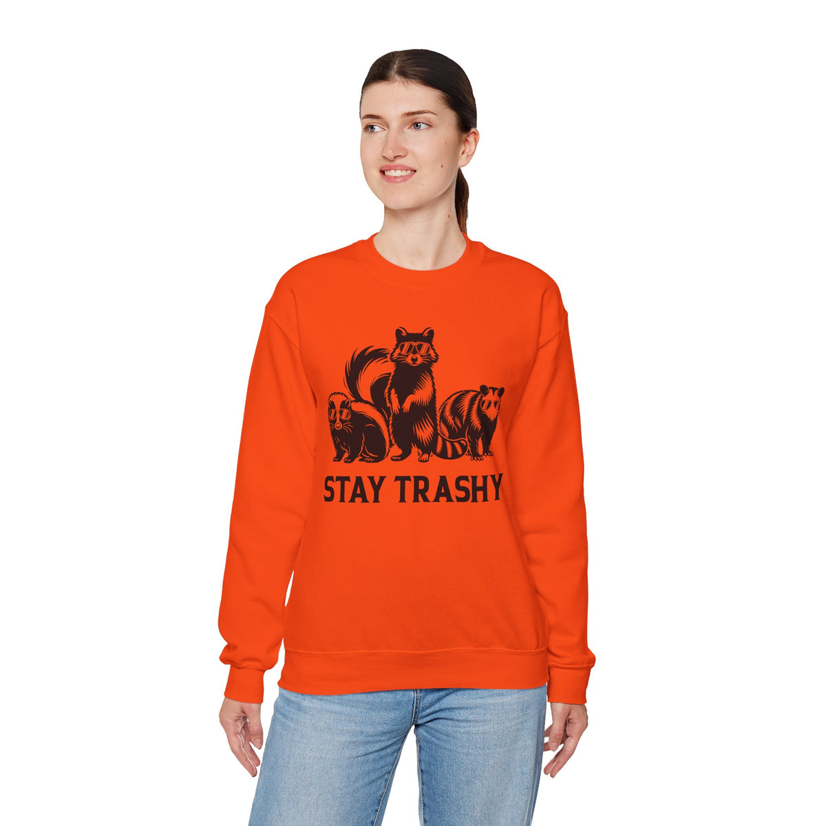 Stay Trashy, Skunk Raccoon Possum – Gildan Heavy Blend | Trendy Women’s and Men's Soft Sweatshirt. Direct to Garment. Printed & Shipped in the USA. Unisex Sizes.