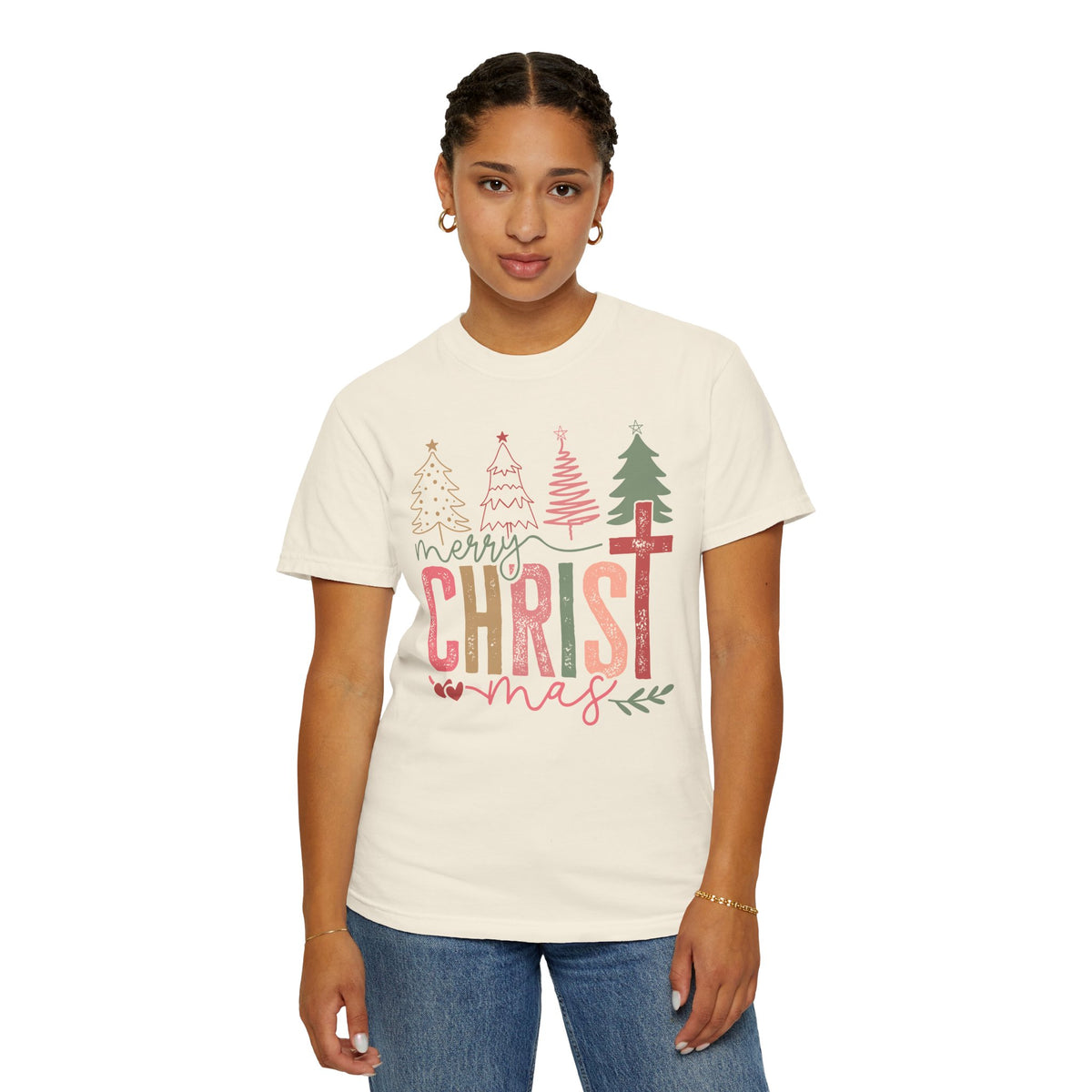 Merry ChrisTmas Christian Faith Graphic - Comfort Colors | Trendy Women's T-Shirt. Direct to Garment. Printed & Shipped in the USA. Unisex Sizes.