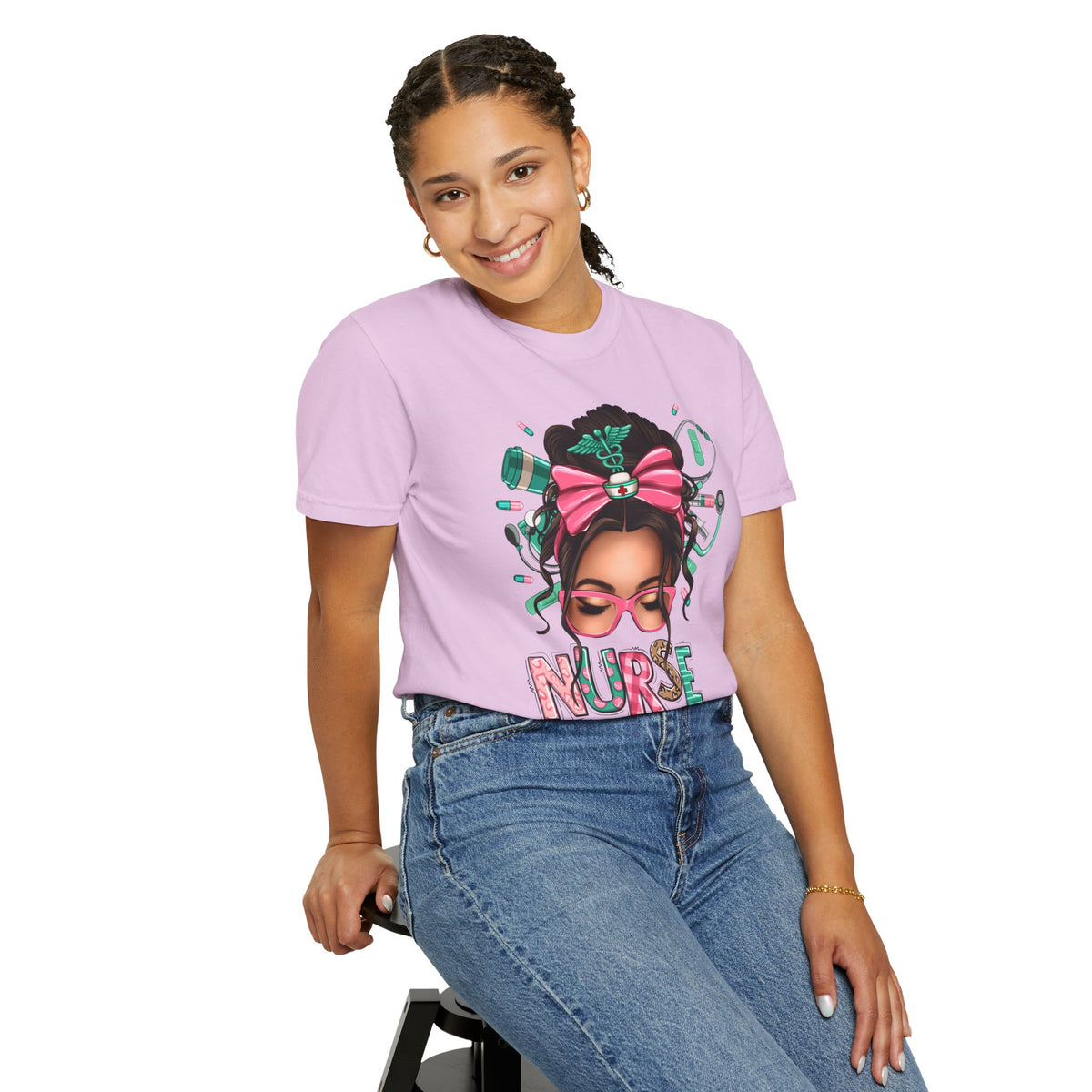 Nurse Life Messy Bun, Cute Stethoscope & Syringe - Comfort Colors | Trendy Women's T-Shirt. Direct to Garment. Printed & Shipped in the USA. Unisex Sizes.