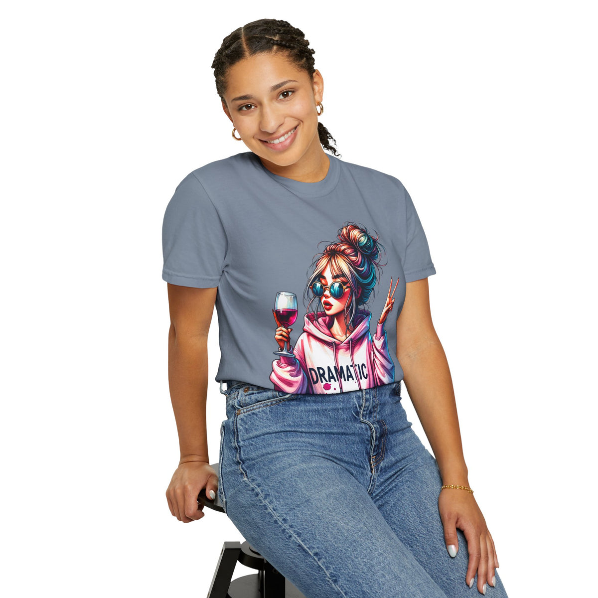 Dramatic Girl With Wine Messy Bun Peace Sign  - Comfort Colors | Trendy Women's T-Shirt. Direct to Garment. Printed & Shipped in the USA. Unisex Sizes.