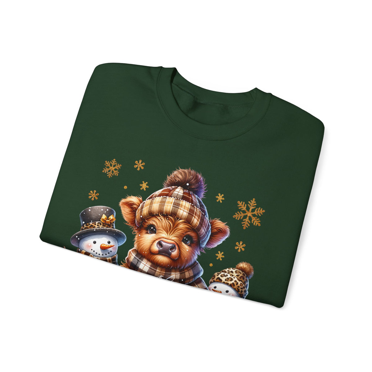 Cute Highland Cow with Snowmen, Winter – Gildan Heavy Blend | Trendy Women’s Soft Sweatshirt. Direct to Garment. Printed & Shipped in the USA. Unisex Sizes.