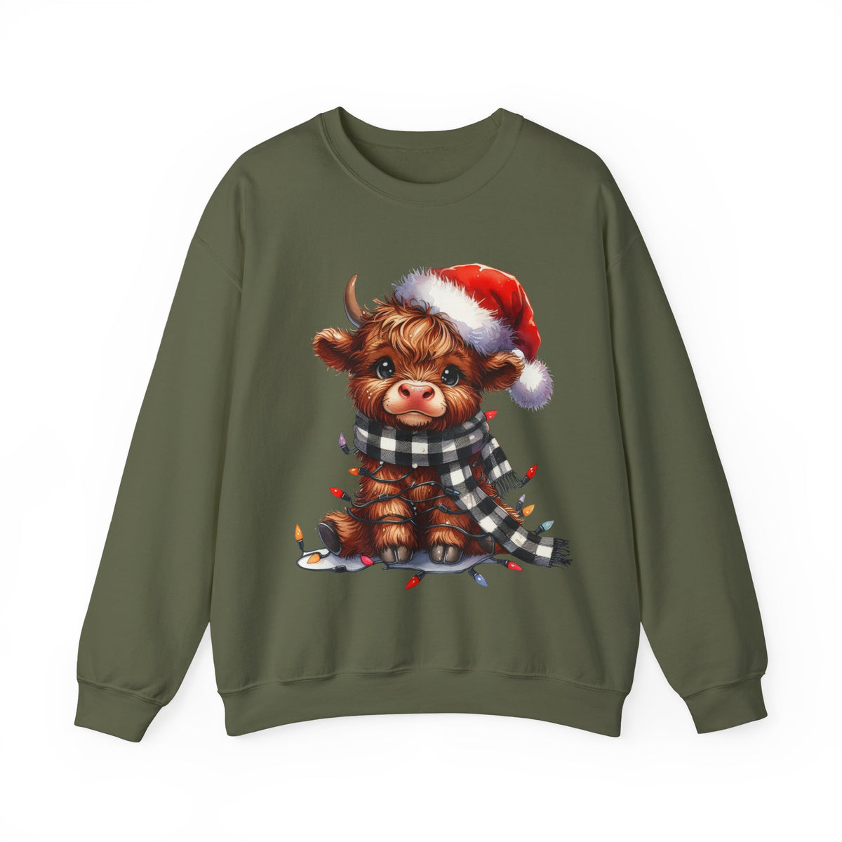 Cute Highland Cow Santa Hat Scarf Christmas Lights – Gildan Heavy Blend | Trendy Women’s Soft Sweatshirt. Direct to Garment. Printed & Shipped in the USA. Unisex Sizes.