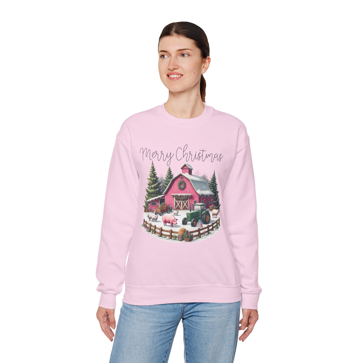 Merry Christmas Pink Barn Farm Animals – Gildan Heavy Blend | Trendy Women’s Soft Sweatshirt. Direct to Garment. Printed & Shipped in the USA. Unisex Sizes.