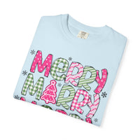 Merry Merry Merry Christmas, Festive Candy Cane & Pink and Green Plaid - Comfort Colors | Trendy Women's T-Shirt. Direct to Garment. Printed & Shipped in the USA. Unisex Sizes.