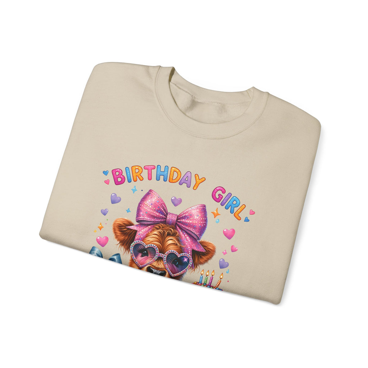 Birthday Girl, Highland Cow – Gildan Heavy Blend | Trendy Women’s Soft Sweatshirt. Direct to Garment. Printed & Shipped in the USA. Unisex Sizes.