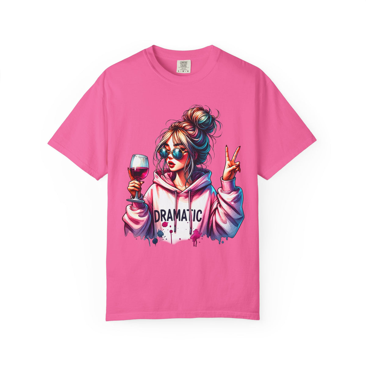 Dramatic Girl With Wine Messy Bun Peace Sign  - Comfort Colors | Trendy Women's T-Shirt. Direct to Garment. Printed & Shipped in the USA. Unisex Sizes.