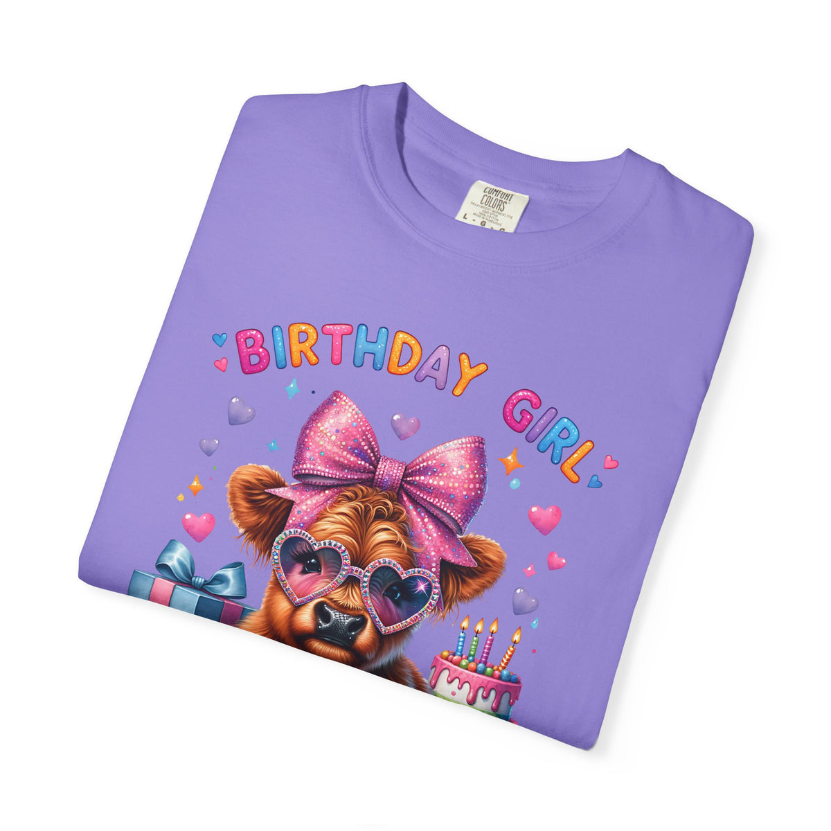 Birthday Girl, Highland Cow - Comfort Colors | Trendy Women's T-Shirt. Direct to Garment. Printed & Shipped in the USA. Unisex Sizes.
