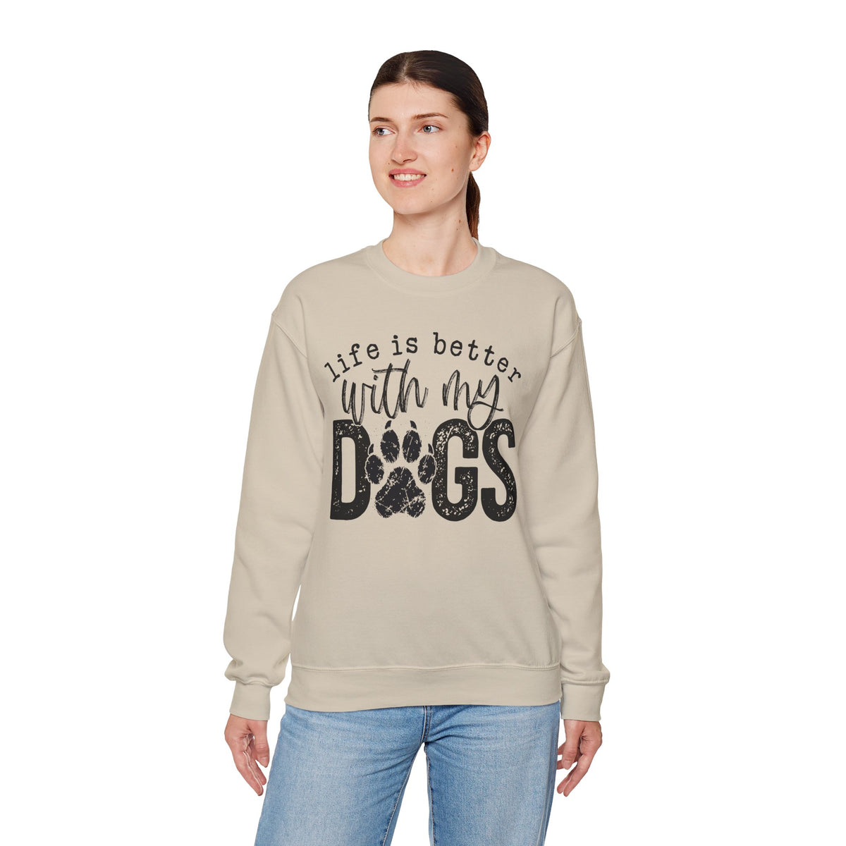 Life Is Better With My Dogs, Distressed – Gildan Heavy Blend | Trendy Women’s and Men's Soft Sweatshirt. Direct to Garment. Printed & Shipped in the USA. Unisex Sizes.
