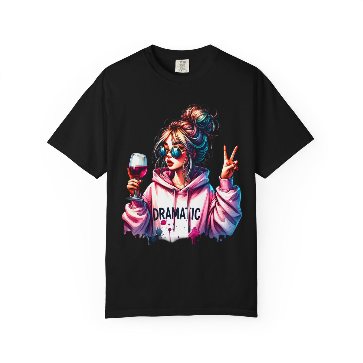 Dramatic Girl With Wine Messy Bun Peace Sign  - Comfort Colors | Trendy Women's T-Shirt. Direct to Garment. Printed & Shipped in the USA. Unisex Sizes.