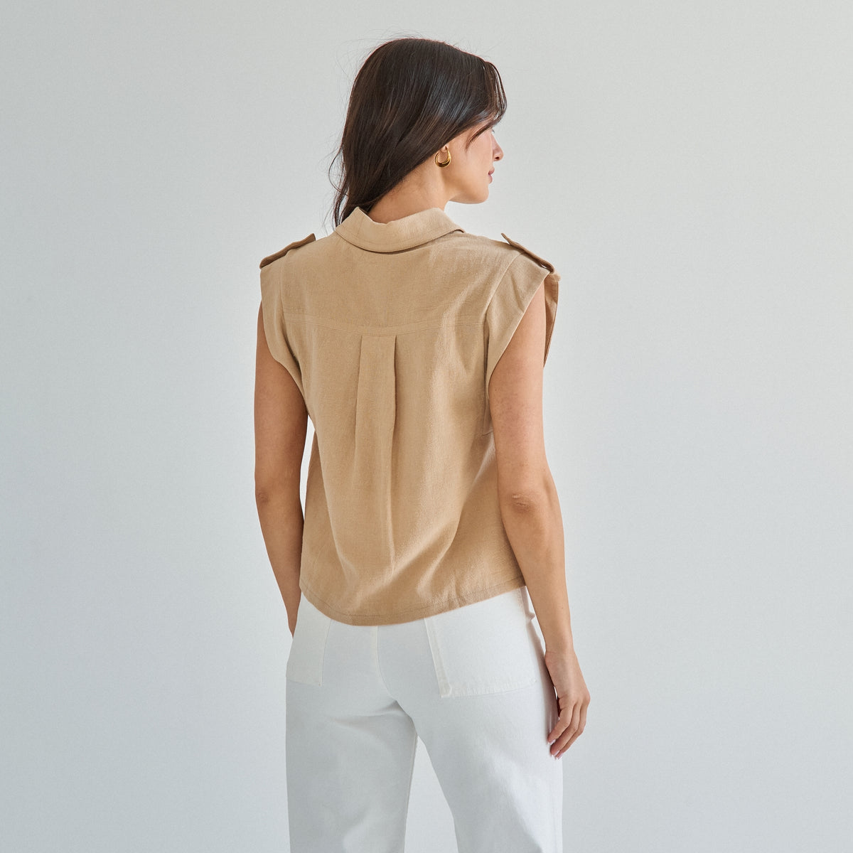 Sleeveless Button 100% Cotton Beige Top w/Extra Side Bra Coverage