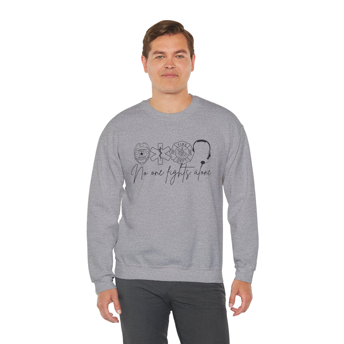 No One Fights Alone, Heroes – Gildan Heavy Blend | Trendy Women’s and Men's Soft Sweatshirt. Direct to Garment. Printed & Shipped in the USA. Unisex Sizes.