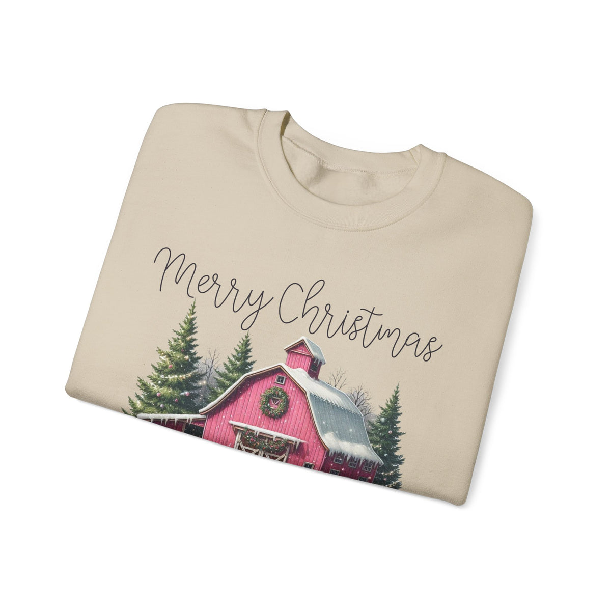 Merry Christmas Pink Barn Farm Animals – Gildan Heavy Blend | Trendy Women’s Soft Sweatshirt. Direct to Garment. Printed & Shipped in the USA. Unisex Sizes.