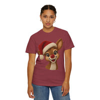 Cute Rudolph Faux Knit Look Reindeer w/Santa Hat - Comfort Colors | Trendy Women's T-Shirt. Direct to Garment. Printed & Shipped in the USA. Unisex Sizes.