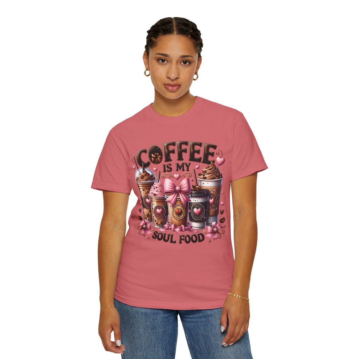 Coffee Is My Soul Food, Iced Coffee, Pink Bow - Comfort Colors | Trendy Women's T-Shirt. Direct to Garment. Printed & Shipped in the USA. Unisex Sizes.