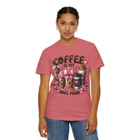 Coffee Is My Soul Food, Iced Coffee, Pink Bow - Comfort Colors | Trendy Women's T-Shirt. Direct to Garment. Printed & Shipped in the USA. Unisex Sizes.