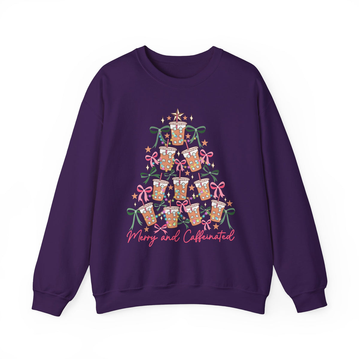 Merry and Caffeinated Iced Coffee Christmas Tree – Gildan Heavy Blend | Trendy Women’s Soft Sweatshirt. Direct to Garment. Printed & Shipped in the USA. Unisex Sizes.