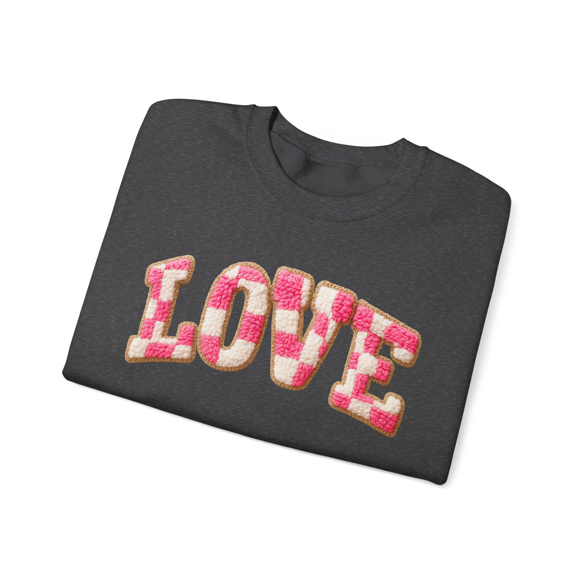 Faux Crochet Checkered LOVE – Gildan Heavy Blend | Trendy Women’s Soft Sweatshirt. Direct to Garment. Printed & Shipped in the USA. Unisex Sizes.