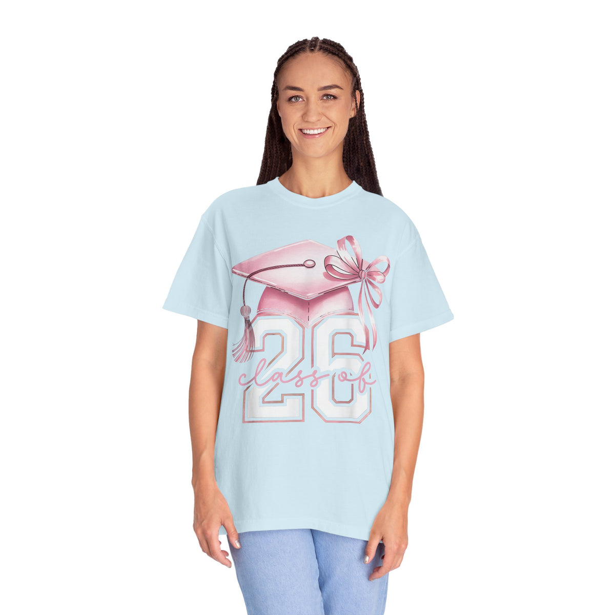 Pink Coquette, Class of 2026 Graduation Cap - Comfort Colors | Trendy Women's T-Shirt. Direct to Garment. Printed & Shipped in the USA. Unisex Sizes.