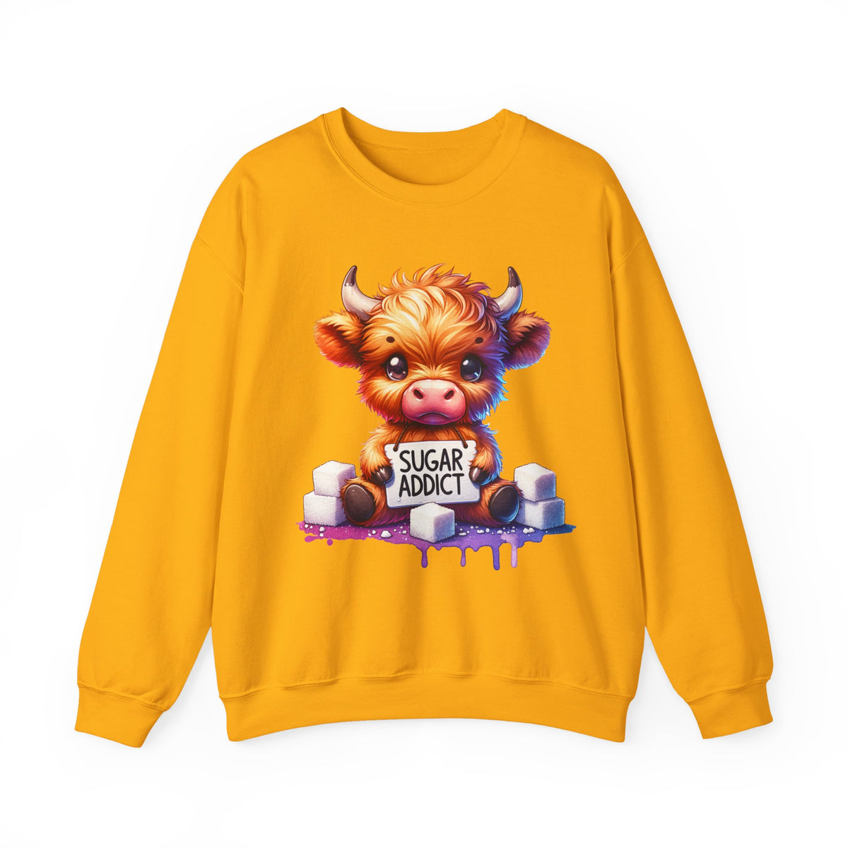 Sugar Addict Highland Cow – Gildan Heavy Blend | Trendy Women’s Soft Sweatshirt. Direct to Garment. Printed & Shipped in the USA. Unisex Sizes.