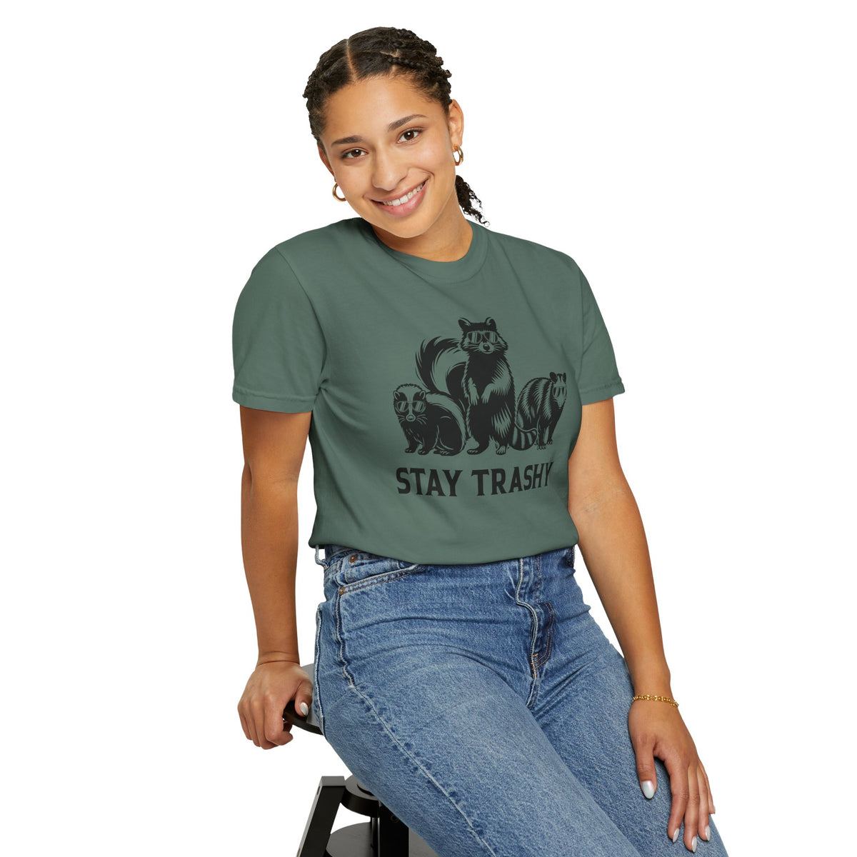 Stay Trashy, Skunk Raccoon Possum - Comfort Colors | Trendy Women's and Men's T-Shirt. Direct to Garment. Printed & Shipped in the USA. Unisex Sizes.