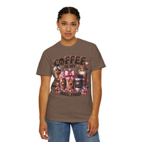 Coffee Is My Soul Food, Iced Coffee, Pink Bow - Comfort Colors | Trendy Women's T-Shirt. Direct to Garment. Printed & Shipped in the USA. Unisex Sizes.