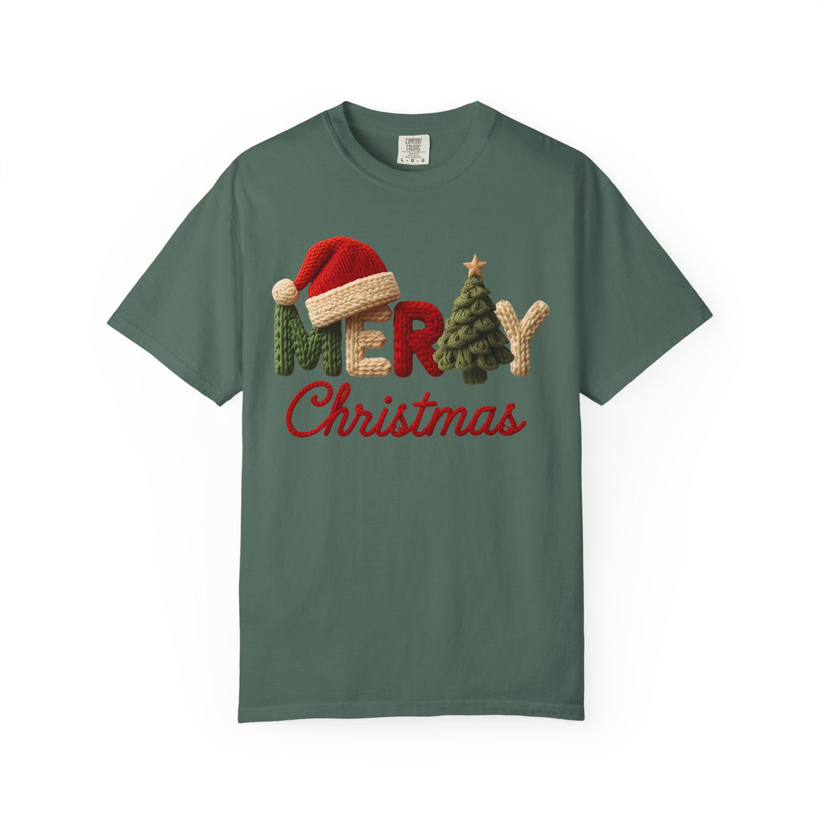 Merry Christmas Faux Yarn w/Santa Hat & Tree - Comfort Colors | Trendy Women's T-Shirt. Direct to Garment. Printed & Shipped in the USA. Unisex Sizes.
