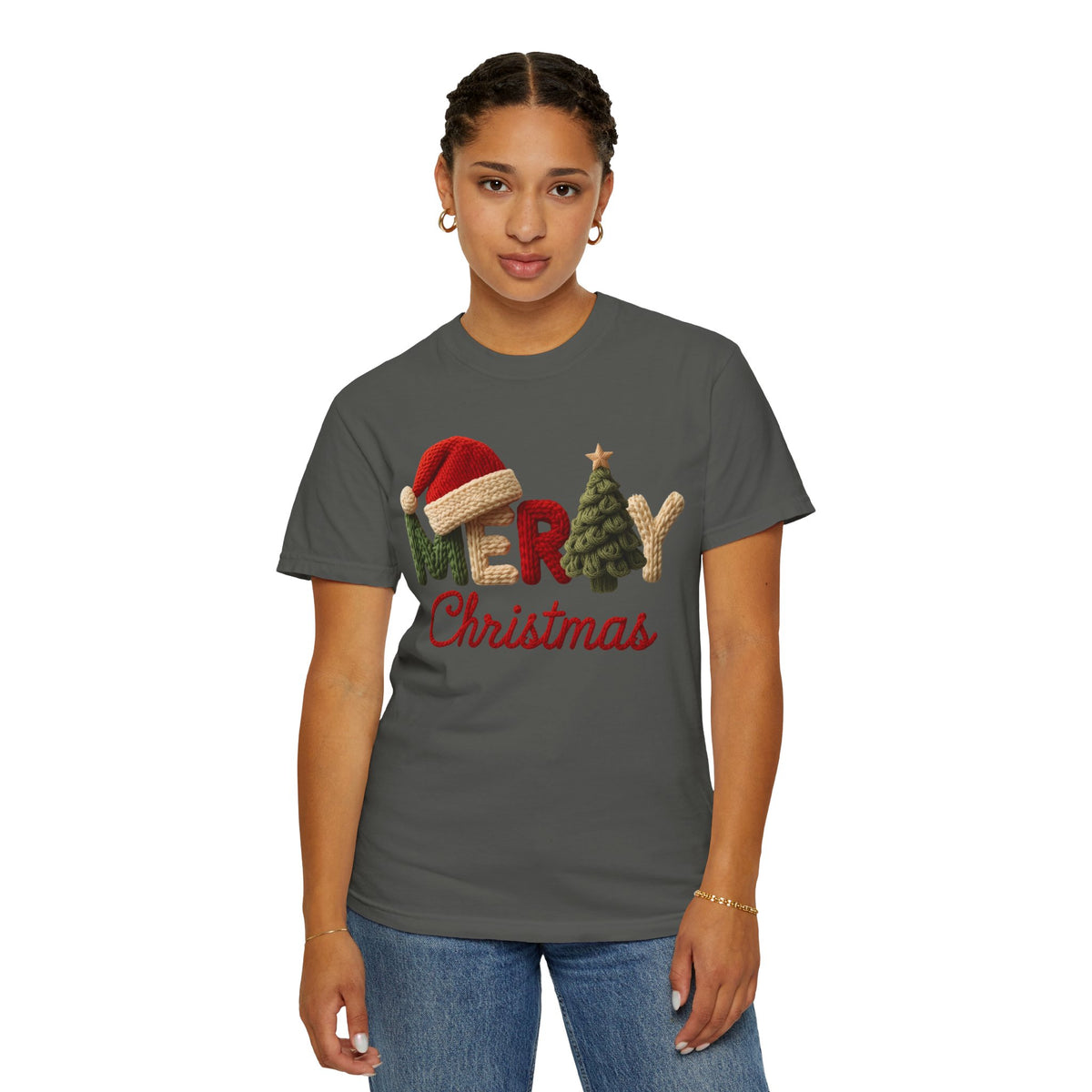 Merry Christmas Faux Yarn w/Santa Hat & Tree - Comfort Colors | Trendy Women's T-Shirt. Direct to Garment. Printed & Shipped in the USA. Unisex Sizes.
