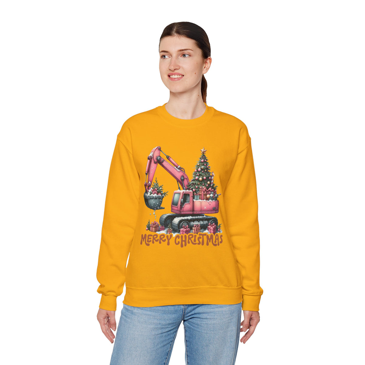 Excavator Merry Christmas Construction – Gildan Heavy Blend | Trendy Women’s Soft Sweatshirt. Direct to Garment. Printed & Shipped in the USA. Unisex Sizes.