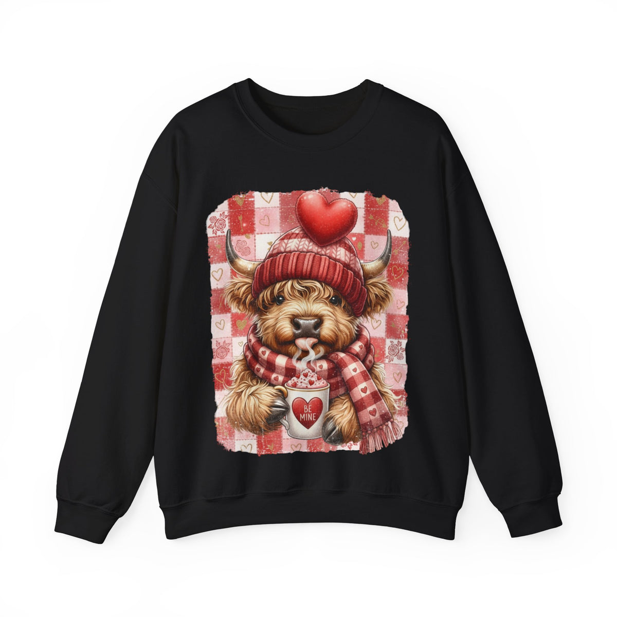 Highland Cow Be Mine, Red Checkered – Gildan Heavy Blend | Trendy Women’s Soft Sweatshirt. Direct to Garment. Printed & Shipped in the USA. Unisex Sizes.