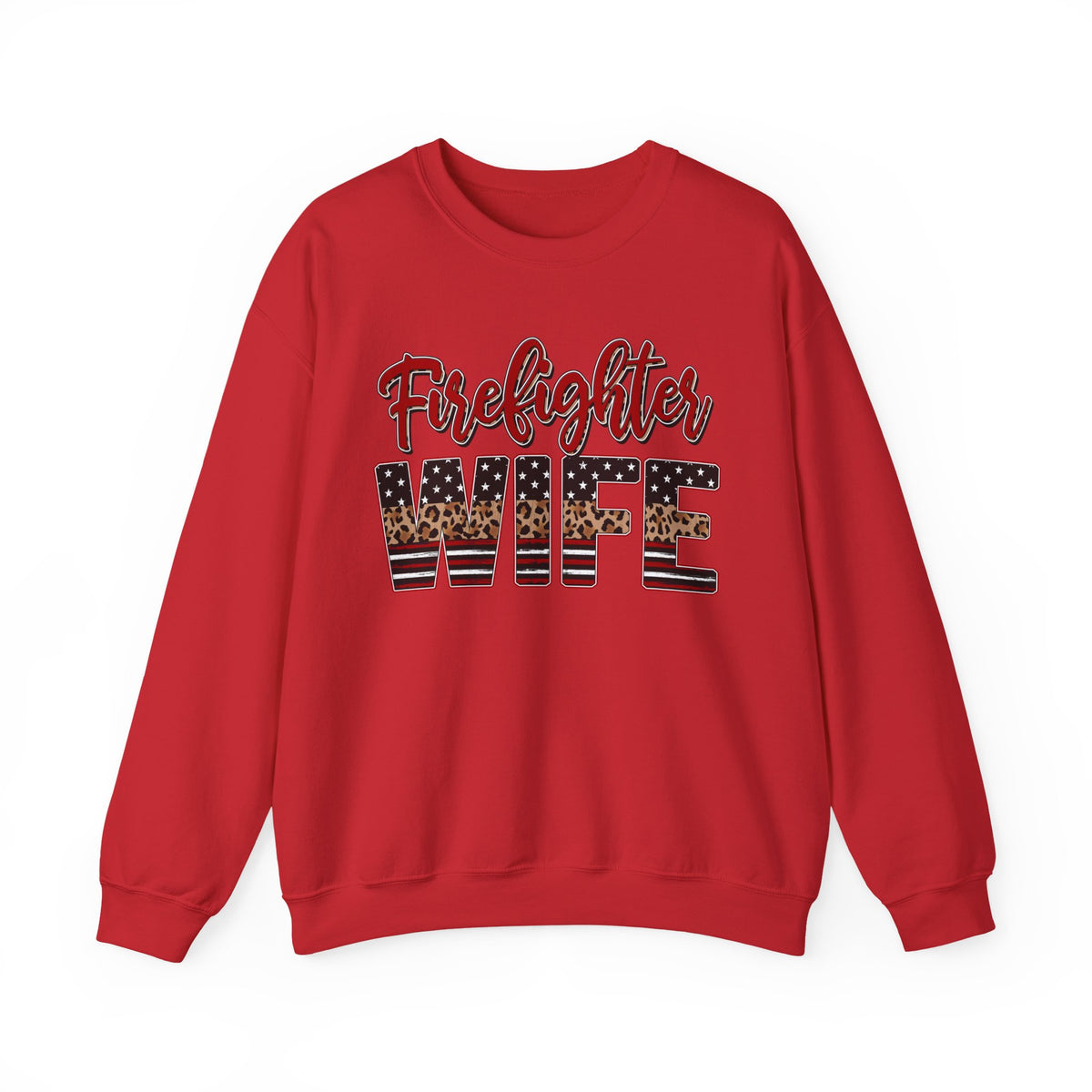 Firefighter Wife Patriotic Flag Lettering for Firefighter Spouse – Gildan Heavy Blend | Trendy Women’s Soft Sweatshirt. Direct to Garment. Printed & Shipped in the USA. Unisex Sizes.