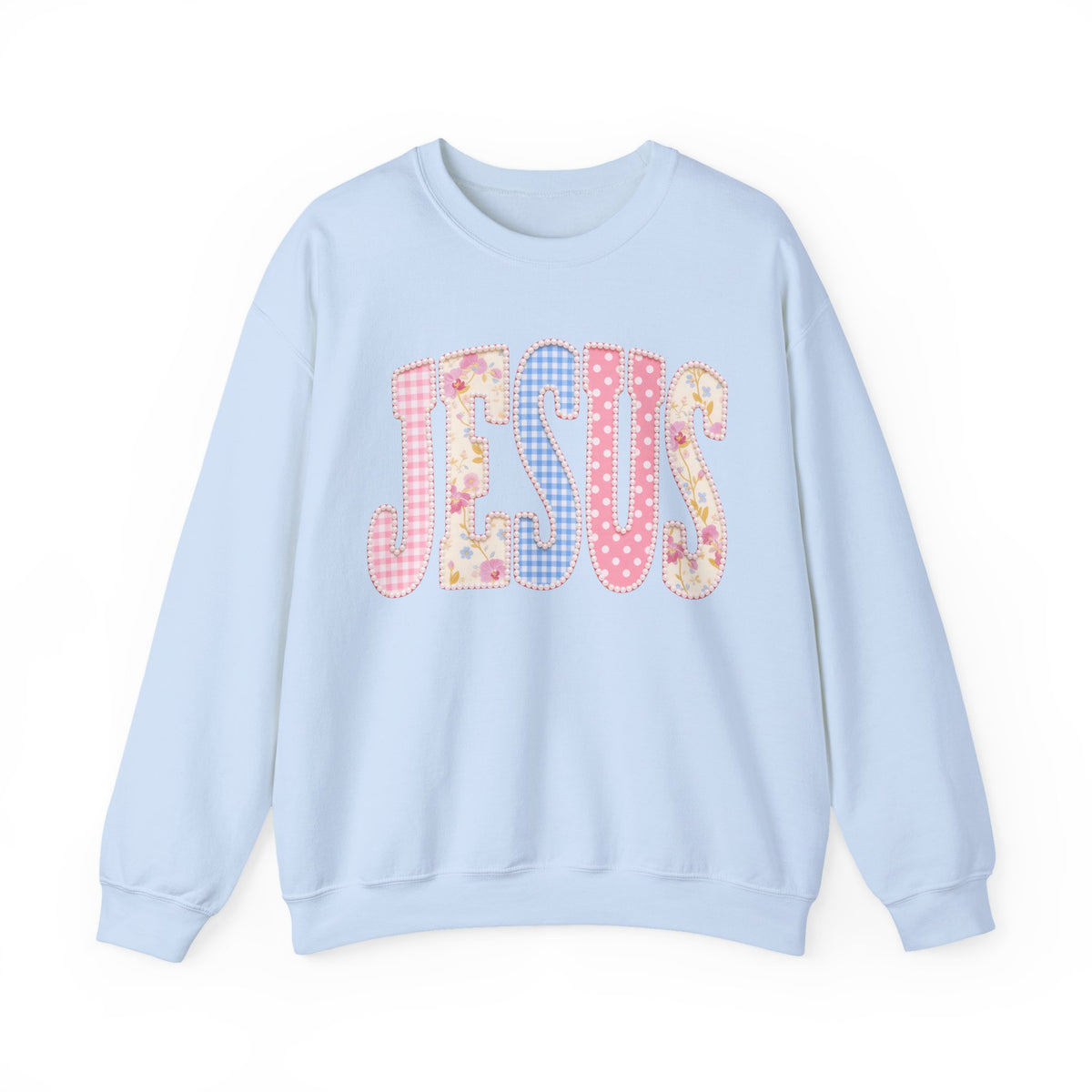 JESUS Pastel Faux Patchwork – Gildan Heavy Blend | Trendy Women’s Soft Sweatshirt. Direct to Garment. Printed & Shipped in the USA. Unisex Sizes.