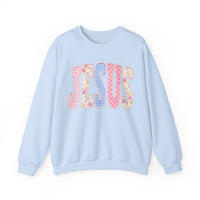 JESUS Pastel Faux Patchwork – Gildan Heavy Blend | Trendy Women’s Soft Sweatshirt. Direct to Garment. Printed & Shipped in the USA. Unisex Sizes.