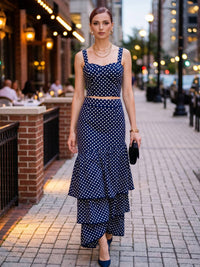 Polka Dot (100% Cotton) Cascading Tiered Maxi Skirt - Navy